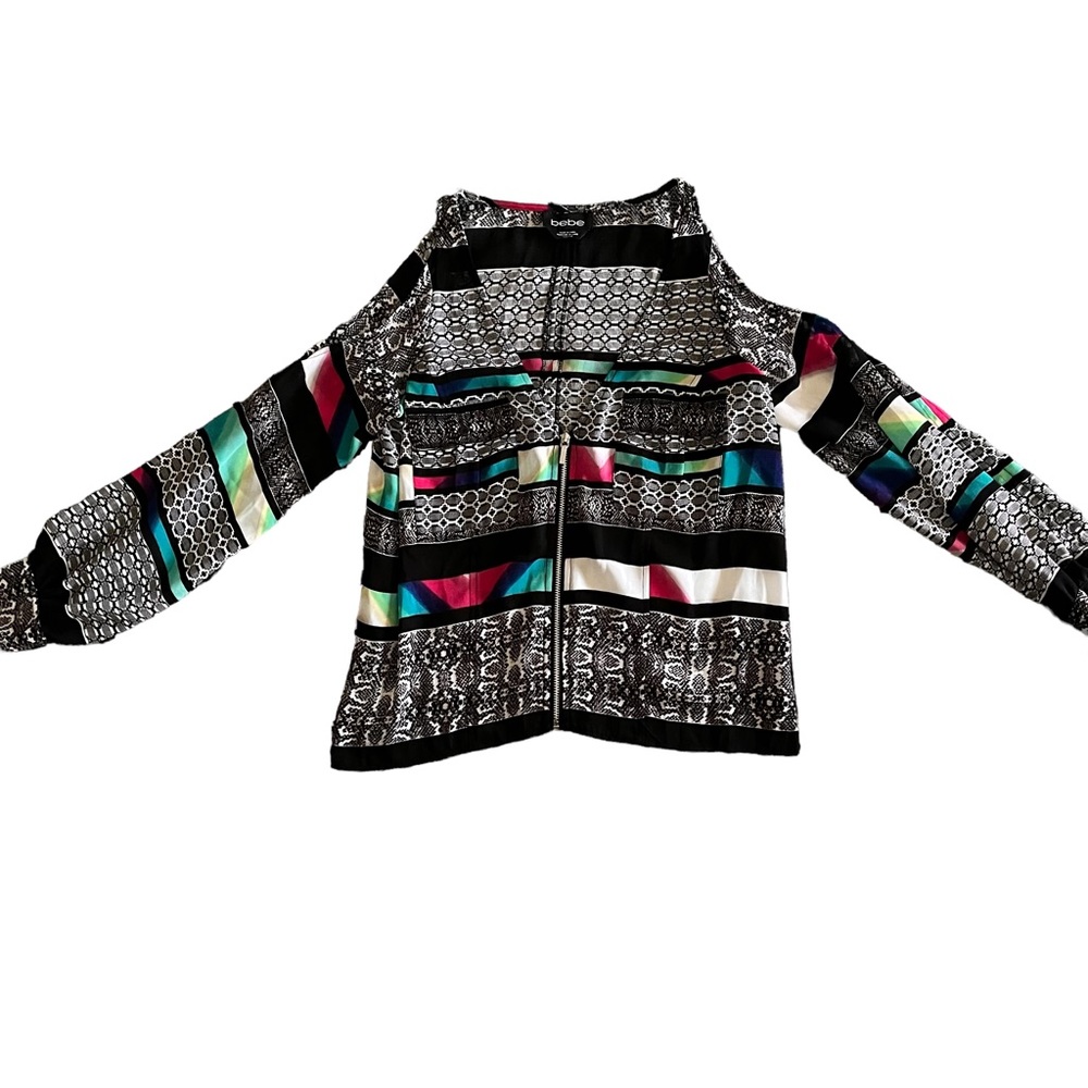 Bebe Cold Shoulder Snakeskin Color block Blouse